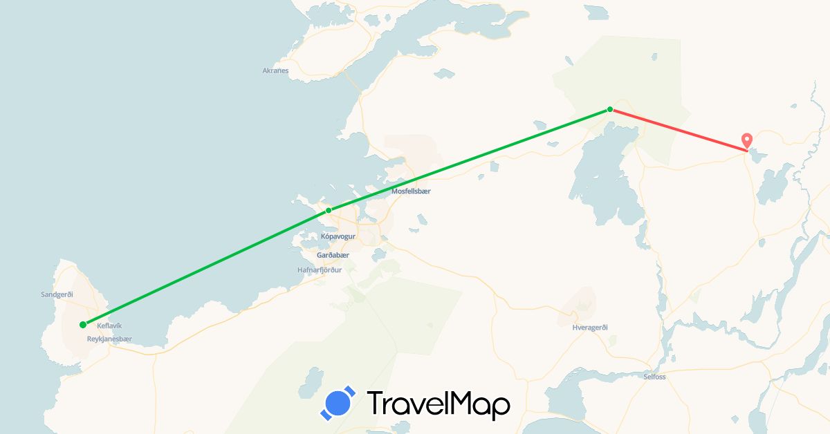 TravelMap itinerary: bus, hiking in Iceland (Europe)